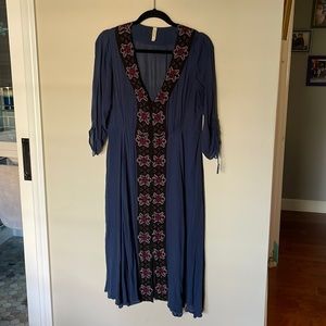 Dusty blue, embroidered Free People boho midi dress sz 10!